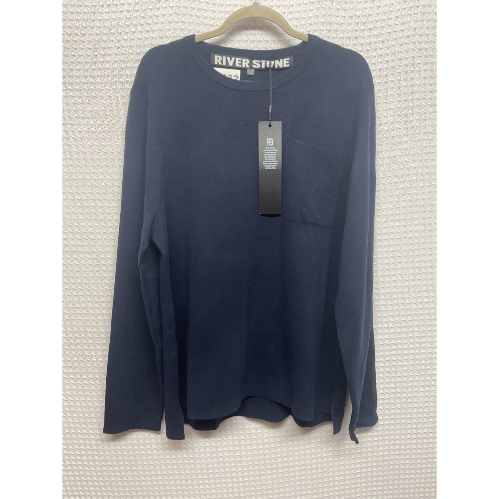 River Stone Sweater Mens XL Long Sleeves Crewneck Navy Pullover Front Pocket